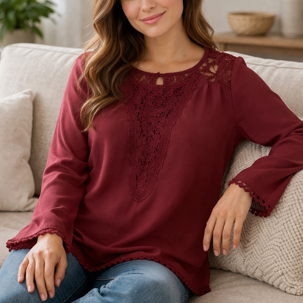 Crochet-Inset Long Sleeve Blouse - Burgundy